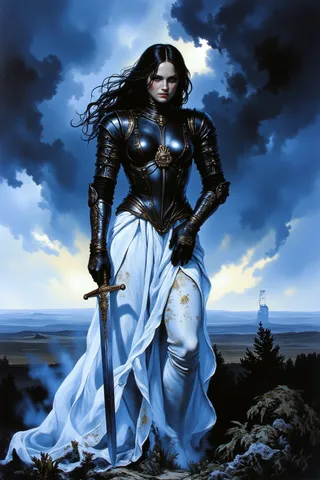A female warrior stands solemnly wearing black leather armor with an ornate brooch, a white flowing gown, holding a sword against a stormy sky backdrop.