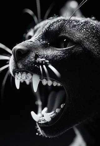 Extreme close-up of a fierce feline snarling with its mouth open wide, revealing sparkling diamond-encrusted teeth against a dark background.