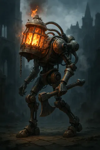 A dark steampunk mechanical warrior with a lantern head filled with fire, holding a medieval axe, standing in a foggy, ruined environment.