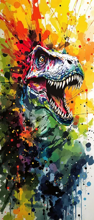 Abstract inksplash painting featuring a vivid and colorful portrait of a roaring Tyrannosaurus rex with sharp teeth and vibrant splatters surrounding it.