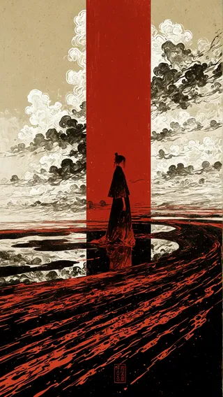 A lone woman in a flowing crimson silk gown stands with her back to the viewer against an expansive ink wash landscape rendered in traditional Chinese shan shui style, featuring dynamic clouds and abstract red and black elements.