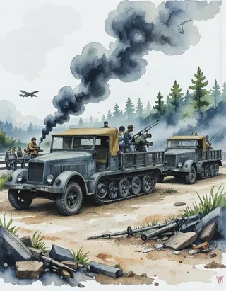 Watercolor painting depicting a World War II battlefield scene with two military half-tracks equipped with anti-aircraft guns, soldiers onboard, smoke rising, and a forest background.