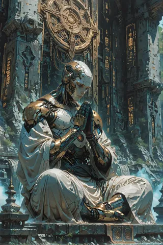 A detailed sci-fi scene of a cyborg monk in white and gold robotic armor meditating with hands clasped, seated in an ancient, intricately designed temple.