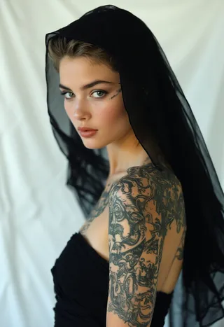 Ultra-realistic portrait of a tattooed nun with satanic symbols on her arm and face, wearing a black veil and black top, captured with high-key lighting and soft diffused light against a white backdrop.