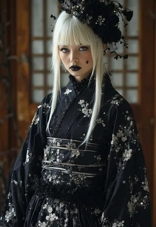 Portrait of a gothic Japanese woman with long white hair and blue eyes wearing a black kimono with intricate silver embroidery, standing in a traditional wooden setting.