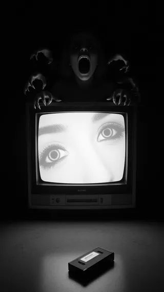A dark basement scene shows a flickering CRT television displaying a woman's wide-open eyes, while a twisted humanoid figure with elongated arms and an open mouth looms behind it. A VHS tape lies on the floor in front of the TV.