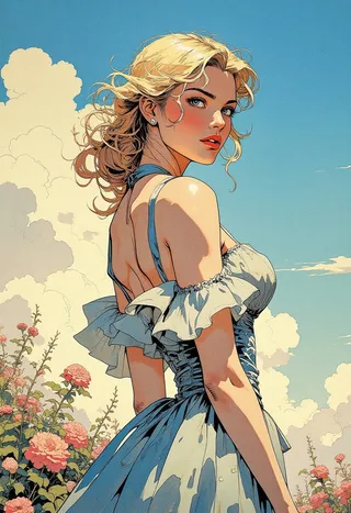 Digital illustration of a confident blonde woman in a frill dress with hair partially up, standing against a pastel blue sky with fluffy clouds and blooming flowers.