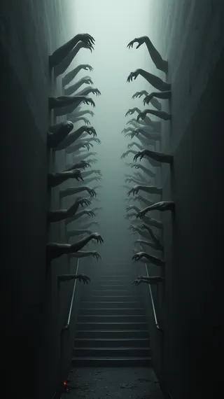 A fog-filled stairwell lined with dozens of pale human arms emerging from the walls on both sides, reaching out with clawed fingers in a dark, eerie atmosphere.