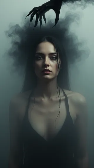 Shoulder-up portrait of a woman with wet hair and highlighted skin tone surrounded by fog, with a black skeletal hand made of smoke hovering above her shoulder.