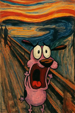 Courage the Cowardly Dog with his iconic screaming face set against the swirling dramatic background of Edvard Munch's The Scream painting.