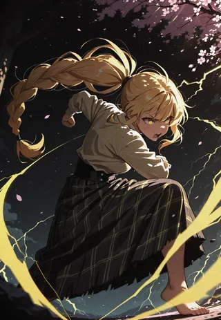 Aggressive blonde girl with braided ponytail wearing a plaid kilt and white top attacks with yellow lightning surrounded by cherry blossoms in a high contrast dark background.