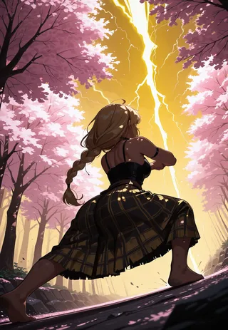 A girl in a plaid kilt with long braided dirty blonde hair in an aggressive action pose, barefoot, under yellow lightning and surrounded by pink cherry blossom trees at noon.