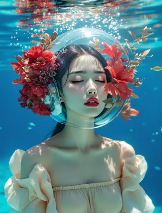 Asian woman with closed eyes wearing a beige off-shoulder dress and a clear helmet adorned with vibrant red flowers, submerged underwater with sun rays filtering through the blue water.