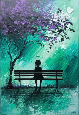 A solitary girl sitting on a park bench rendered with thick impasto brushstrokes, surrounded by swirling shades of emerald, violet, and ochre blending into an abstract dreamlike background.