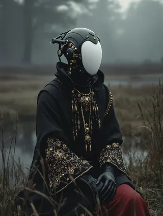 A humanoid figure wearing a smooth white egg-shaped helmet and a dark robe with elaborate gold embroidery and ornate necklaces, seated in a misty natural setting with tall grasses and a calm lake in the background.