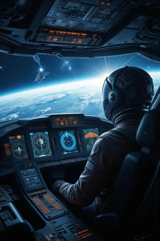 Space traveler in a detailed spaceship cockpit oversees a stunning outer space view with light speed graphics and Earth below in high definition detail.