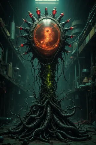 A dark, chaotic laboratory houses a hybrid organic-mechanical creation with tangled roots, a glowing pod containing a shadowy life form, and red-lit mechanical tendrils.