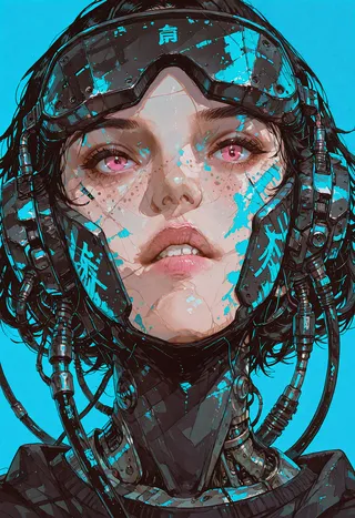 Portrait of a female android with black short hair, pink eyes, freckles, and a head-mounted display with cables against a blue background.
