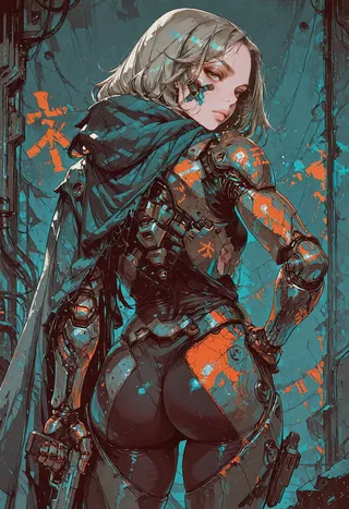 A detailed illustration of a grey-haired cyborg girl in a bodysuit and cloak, with mechanical arms and holding a handgun, looking back over her shoulder.