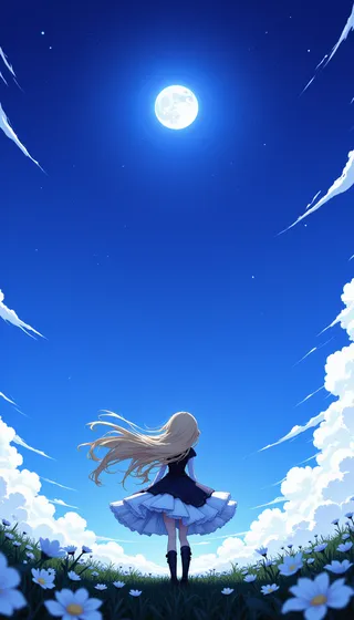 Blonde girl with long hair stands in a flower field under a bright full moon and vivid blue night sky, wearing a black dress and boots with wind blowing her hair.