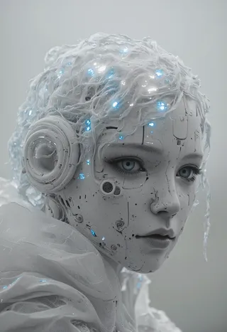 Close-up portrait of a mecha humanoid ballerina with a white synthetic face, intricate mechanical details, and glowing blue LED lights embedded in her hair and face.