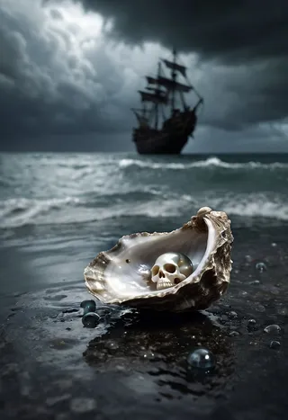 Macro image of an irregular oyster shell containing a skull-shaped Tahitian pearl on a wet shore with a stormy sea and a large pirate ship in the background