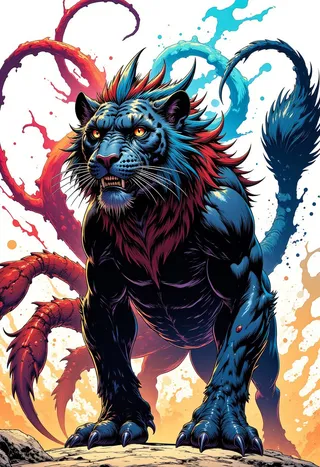 Vibrant digital drawing of a displacer beast with the body of a massive tiger, dark fur, muscular build, a scorpion tail, and two tentacles, one smiling with sharp teeth, the other shy.