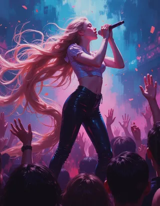 K-pop star Rapunzel singing on stage with flowing long blond hair, black leather pants, iridescent top, bathed in pink and blue light, surrounded by a cheering crowd.