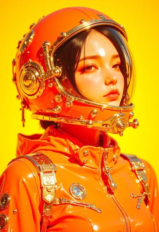 Close-up digital illustration of a woman wearing a sleek, metallic orange spacesuit and an avant-garde helmet with gold details, set against a vibrant yellow background.