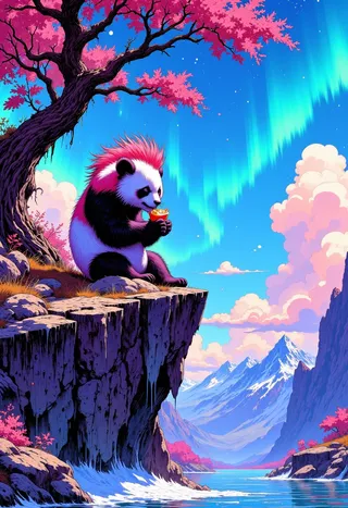 A majestic panda with pink and black fur, sporting a spiky mohawk with red stripes, sitting on a rocky cliff edge beside a Mediterranean olive tree, under neon aurora borealis skies.