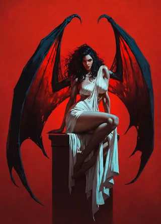 Strikingly beautiful adult female with dark hair and giant demon wings, sitting seductively on a pedestal draped in white cloth against a red textured background.