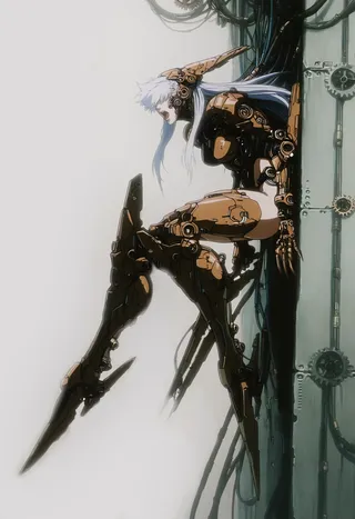 Side view of a biomechanical cyborg female ninja with white hair, mechanical limbs and claws, perched against a gear-covered wall in a steampunk style.