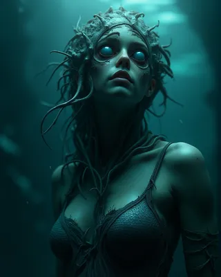 Hyperrealistic close-up portrait of a dark fantasy biomechanical creature resembling a mermaid with parasite features and glowing bioluminescent eyes underwater.
