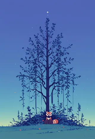 Flat vector illustration of a happy red panda sitting under a large willow tree with lush grass at sunset, featuring flat colors and particle effects.