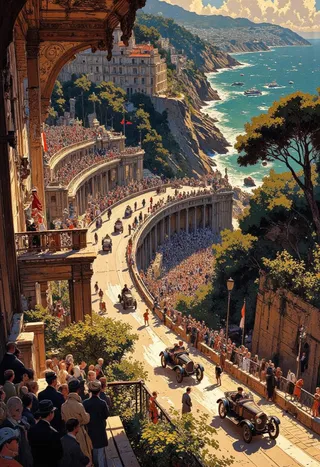 Dynamic scene of the first rallye Monte Carlo race with pre-war cars racing a coastal road crowded by 1920s spectators and classic hotels, set against Roman coliseum backdrop and bright sun rays