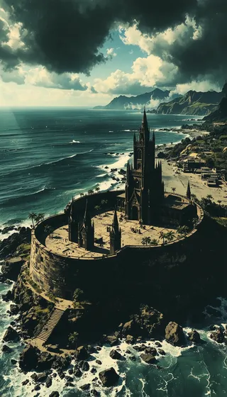 A grand coastal fortress with a towering black gothic cathedral at its center, viewed from a sweeping drone perspective above a crescent volcanic beach with storm clouds overhead.