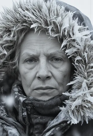 Black and white close-up portrait of an old female arctic explorer with a weathered face, frostbitten skin, ice crystals on her fur hood, showing resilience and endurance.