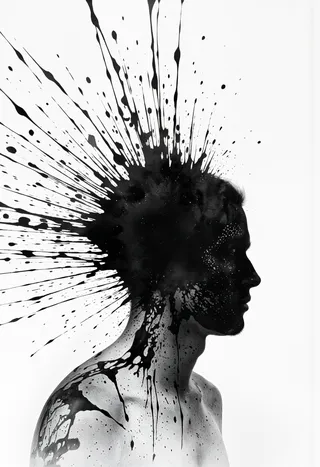 Profile silhouette of a person with a dynamic black ink splatter resembling Sumi-e art on a white background.
