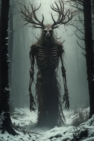 A terrifying Wendigo creature with a deer skull head and skeletal frame stands in a misty, snowy dark forest.