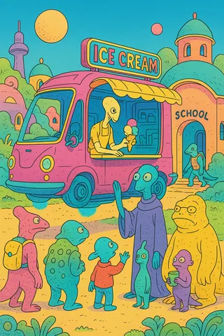 Colorful scene of alien creatures gathered around a pink futuristic ice cream truck near a pastel sci-fi school building, drawn in a clean ligne claire style with psychedelic CMYK colors and storybook aesthetics.