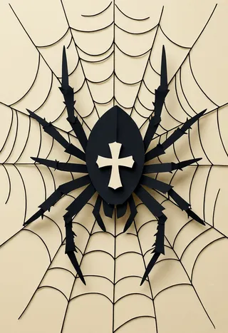 Black paper cut spider with a white cross on its body sitting in a delicately crafted minimalist paper spider web on a beige background.