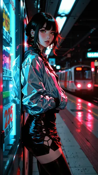 Anime-style young woman with jet-black hair in a metallic bomber jacket leaning against neon-lit vending machines in a futuristic subway station under vibrant split lighting.