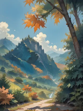 A vibrant autumn landscape watercolor painting showing a mountain panorama with orange and red fall foliage under a clear blue sky.