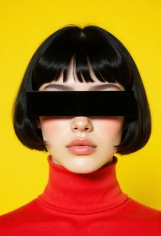Close-up studio portrait of a woman with chalk-white skin, black bob haircut, vibrant red turtleneck, and a black censor bar over her eyes on a bold yellow background.
