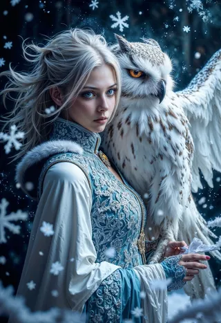 A fierce young woman with white hair and blue eyes stands close to a majestic owl with white and brown feathers, surrounded by floating snowflakes in a dark, frosty atmosphere.