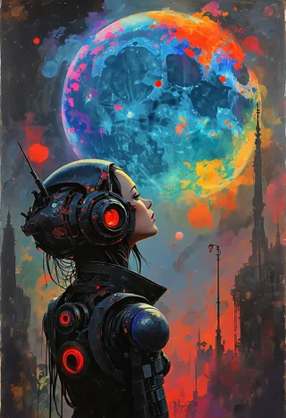 A female cyberpunk robot looking up at a large, colorful, abstract moon with surreal and dreamlike colors, set against a dark futuristic cityscape.