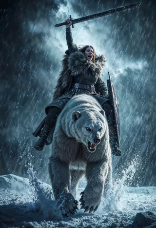 A ferocious, battle-scarred polar bear lunging forward through snowy terrain under a heavy snowstorm. A fierce female Viking warrior with fur cloak rides the bear, holding a sword aloft and a shield, illuminated by dramatic Rembrandt lighting.