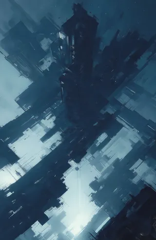 Digital painting of a futuristic abandoned cityscape at night with cool blue and teal tones, crumbling skyscrapers, and a moody glowing light source