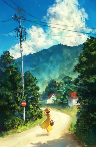A digital painting of a sunny rural mountain road with a woman in a yellow dress and straw hat walking away, surrounded by green trees and red-roofed houses.