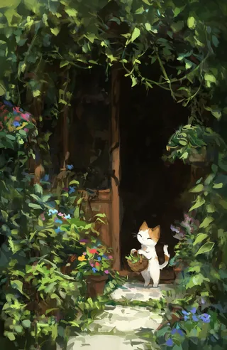 A small white and brown cat stands holding a basket on a stone path in front of a partially open wooden door surrounded by lush greenery and colorful flowers in an impressionistic digital painting.